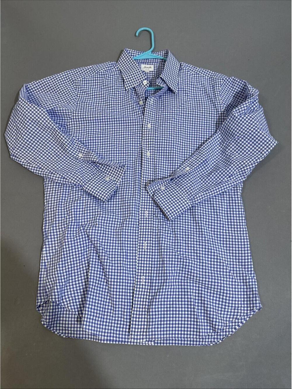 Hamilton Button Up Dress Shirt Men Sz 16 Plaid Blue Long Sleeve USA made July 16
